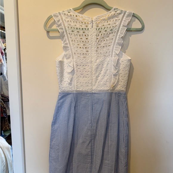 Lilly Pulitzer White Eyelet Top with Blue Pinstripe A-Line Skirt - Picture 3 of 4